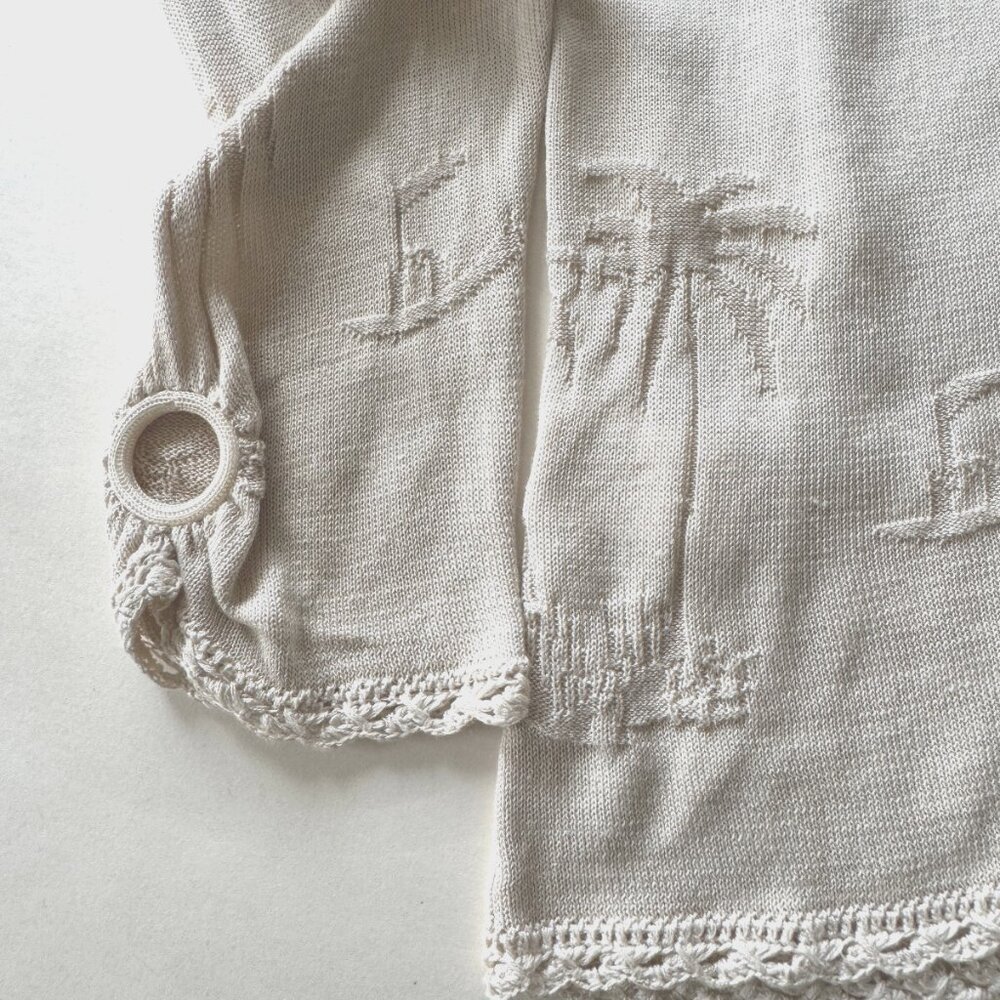 Tommy Bahama Womens Cardigan Sweater S Silky Brown Tan Crochet Trim Tropical - Picture 3 of 7